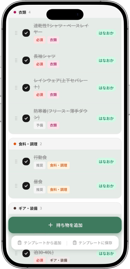 カテゴリ別の持ち物チェックリスト画面